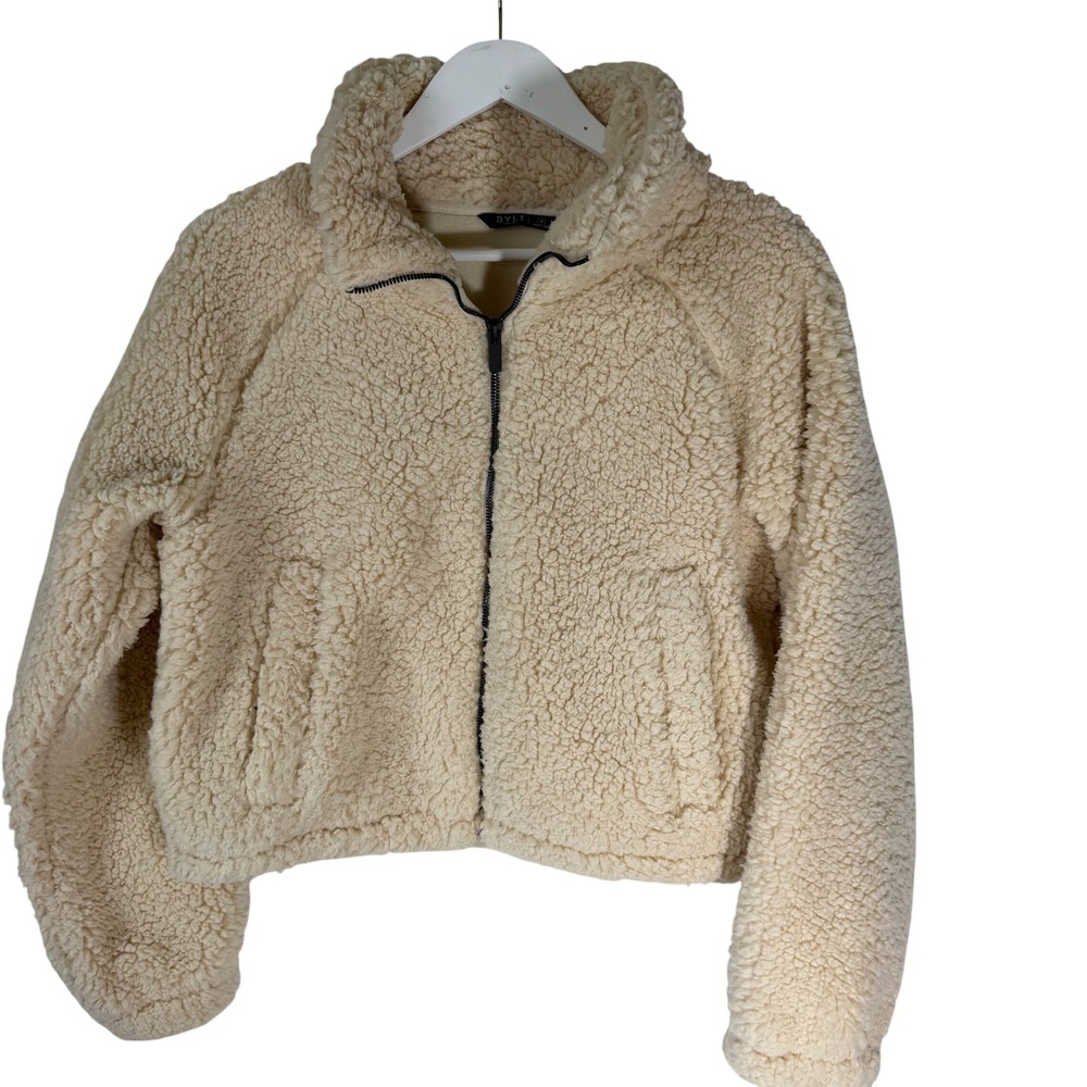 BYLT Basics Women Sherpa Fleece Full Zip Cropped Jacket Cream Size Medium